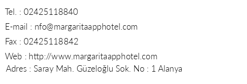 Margarita Suit Hotel telefon numaralar, faks, e-mail, posta adresi ve iletiim bilgileri